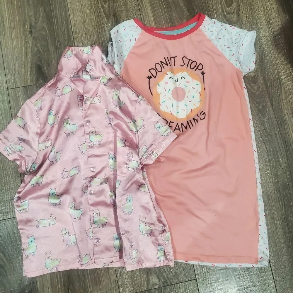 Girl Pajama Set Size 7-8 Cat & Jack Pink Dress & Justice Pink Llama Pajama Shirt